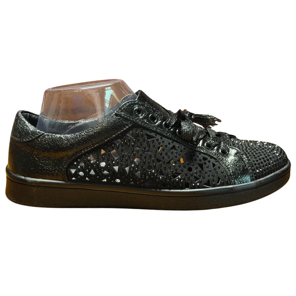 Lady Couture Sz 8.5 Paris Low-Top Sneakers Geometric Cut-Outs Rhinestones Black